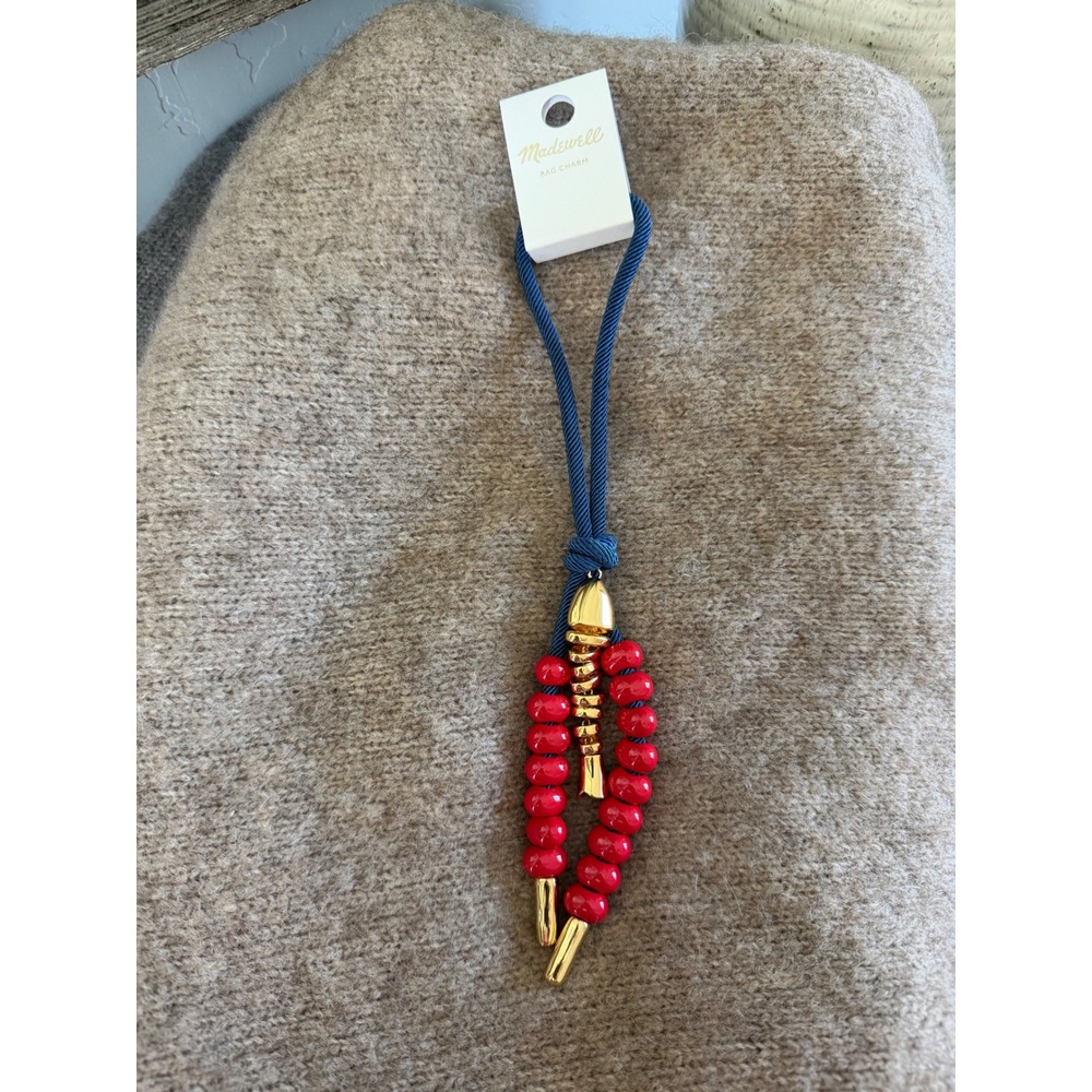 Madewell Red Beaded Fish Bag Charm Gold Tone Blue Cord NWT OA240